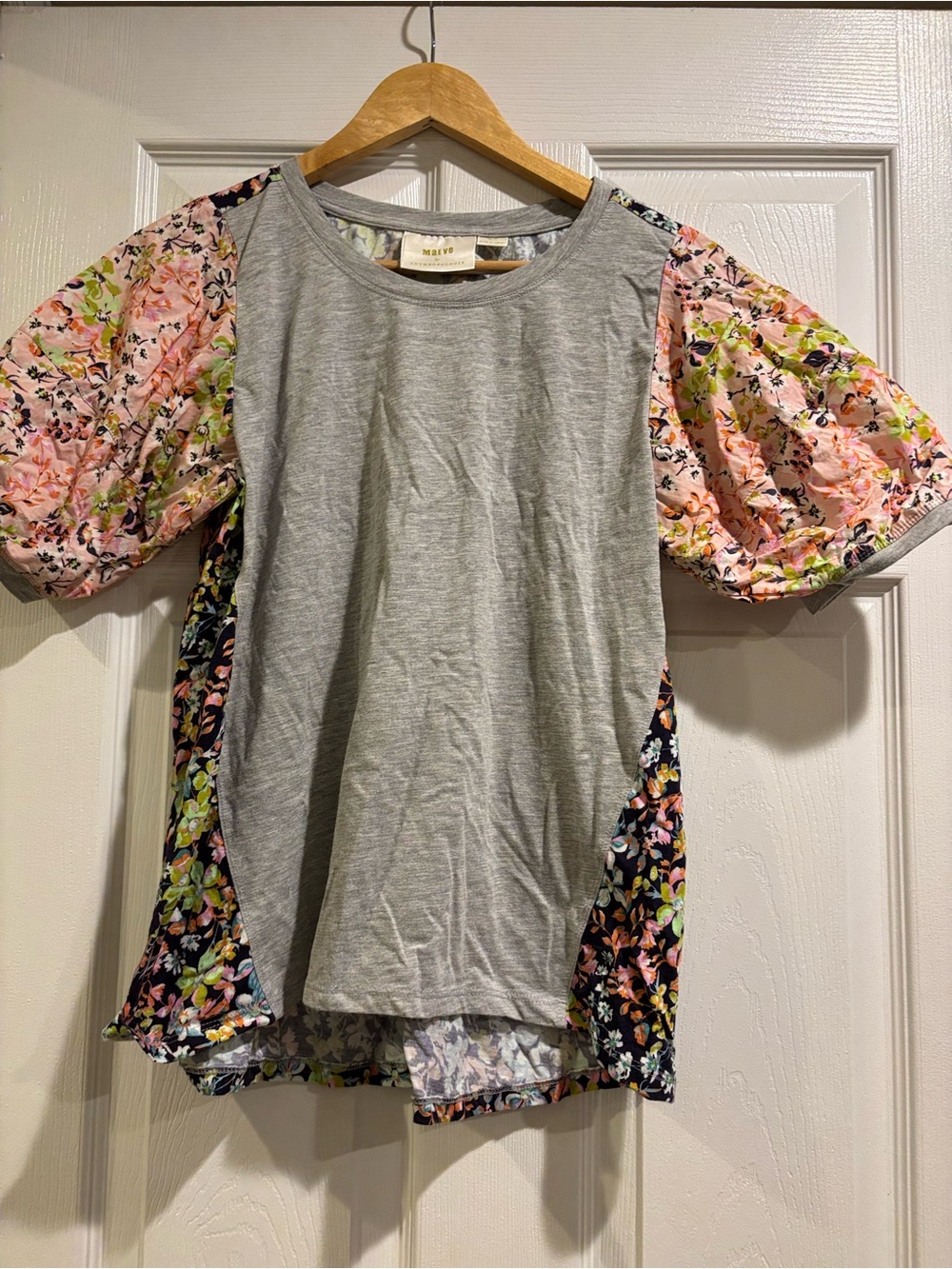 Maeve Gray Tee with Pink Floral Puff Sleeves